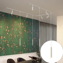 Modernes Schienensystem mit 6 Strahlern und 4 Pendelleuchten Beige und Weiß 1-phasig - Slimline Uzzy Keno