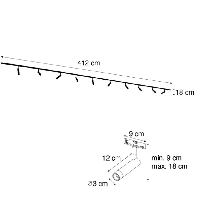 Modernes Schienensystem mit 10 Strahlern weiß 1-phasig - Slimline Uzzy