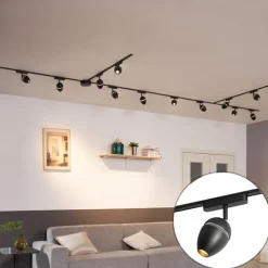 Modernes Schienensystem mit 12 schwarzen Strahlern 1-phasig - Magnetic Eggy