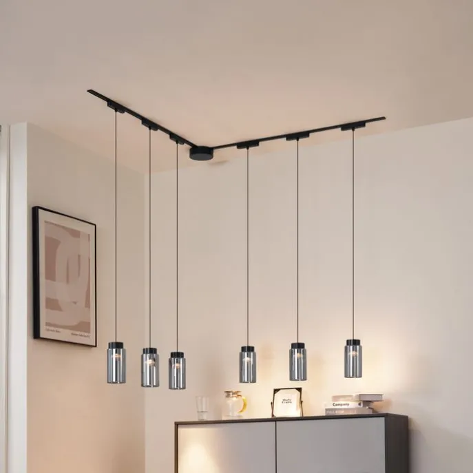 Modernes Schienensystem mit 6 schwarzen Pendelleuchten 1-phasig - Magnetic Vance