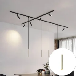 Modernes Schienensystem mit 6 Strahlern und 4 Pendelleuchten Beige mit Schwarz 1-phasig - Slimline Uzzy Keno