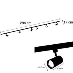 Modernes Schienensystem mit 6 schwarzen Strahlern 1-phasig 300cm - Iconic Jeana