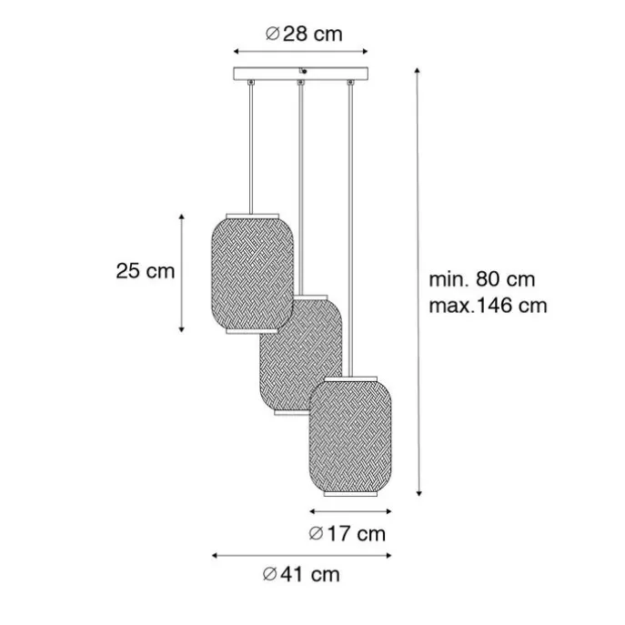 Orientalische Hängelampe aus Bambus mit schwarzem 3-Licht - Yvonne