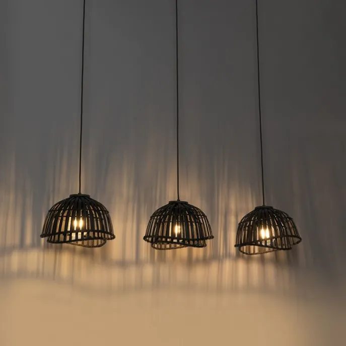 Orientalische Hängelampe aus schwarzem Bambus, 3-flammig – Pua