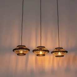 Orientalische Hängelampe Bambus mit schwarzem länglichem 3-Licht - Evalin