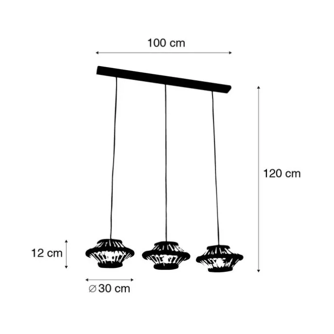 Orientalische Hängelampe Bambus mit schwarzem länglichem 3-Licht - Evalin