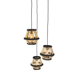 Orientalische Hängelampe Bambus mit schwarzem rundem 3-Licht - Evalin