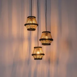 Orientalische Hängelampe Bambus mit schwarzem rundem 3-Licht - Evalin