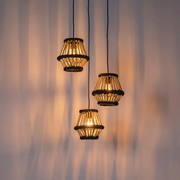 Orientalische Hängelampe Bambus mit schwarzem rundem 3-Licht - Evalin