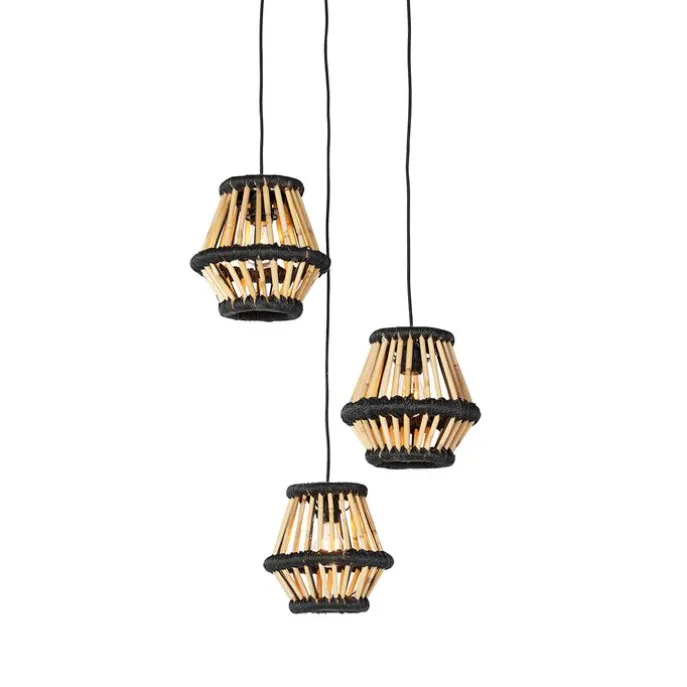 Orientalische Hängelampe Bambus mit schwarzem rundem 3-Licht - Evalin
