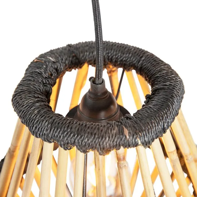 Orientalische Hängelampe Bambus mit schwarzem rundem 3-Licht - Evalin