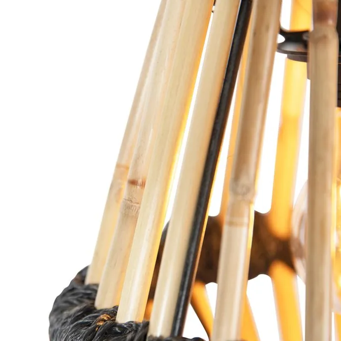 Orientalische Hängelampe Bambus mit schwarzem rundem 3-Licht - Evalin