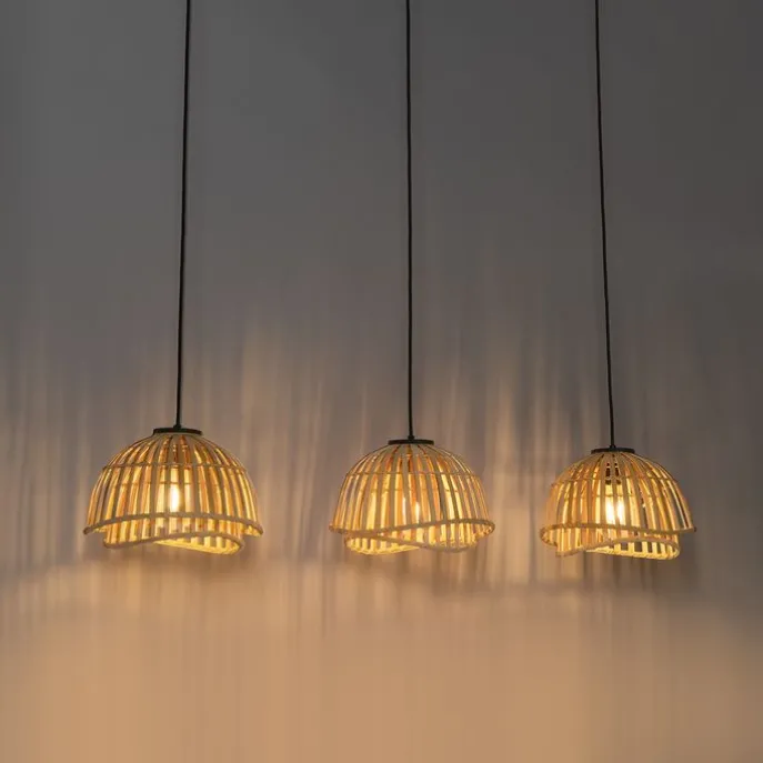 Orientalische Hängelampe schwarz mit natürlichem Bambus, 3-flammig – Pua