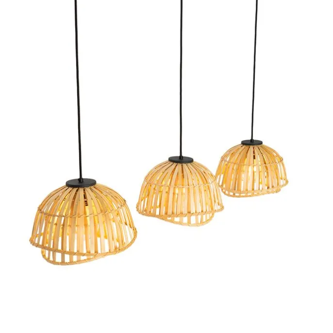 Orientalische Hängelampe schwarz mit natürlichem Bambus, 3-flammig – Pua