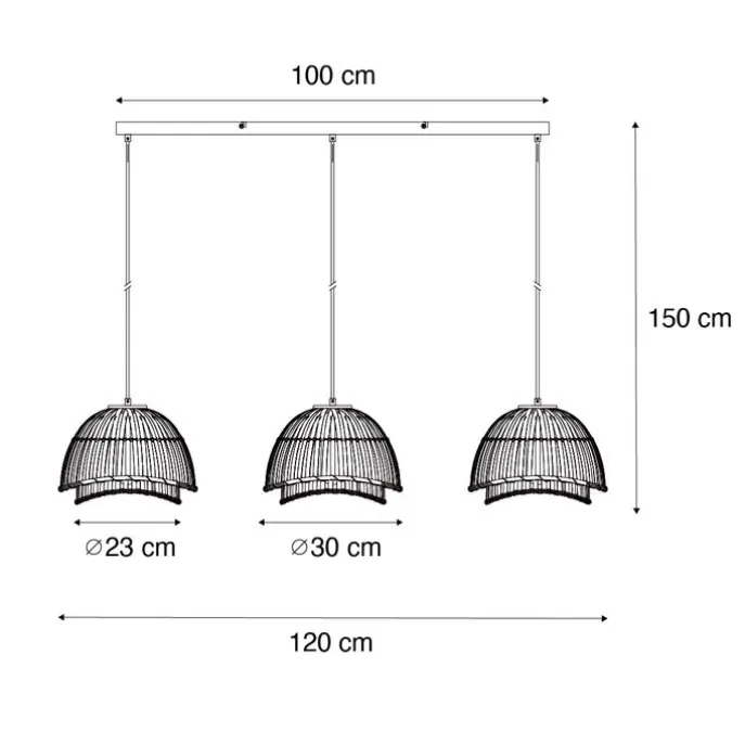 Orientalische Hängelampe schwarz mit natürlichem Bambus, 3-flammig – Pua