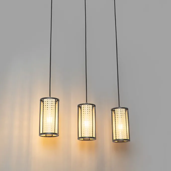 Orientalische Hängelampe schwarz mit Rattan 3-flammig länglich - Akira