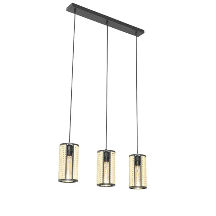 Orientalische Hängelampe schwarz mit Rattan 3-flammig länglich - Akira