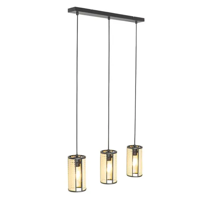 Orientalische Hängelampe schwarz mit Rattan 3-flammig länglich - Akira