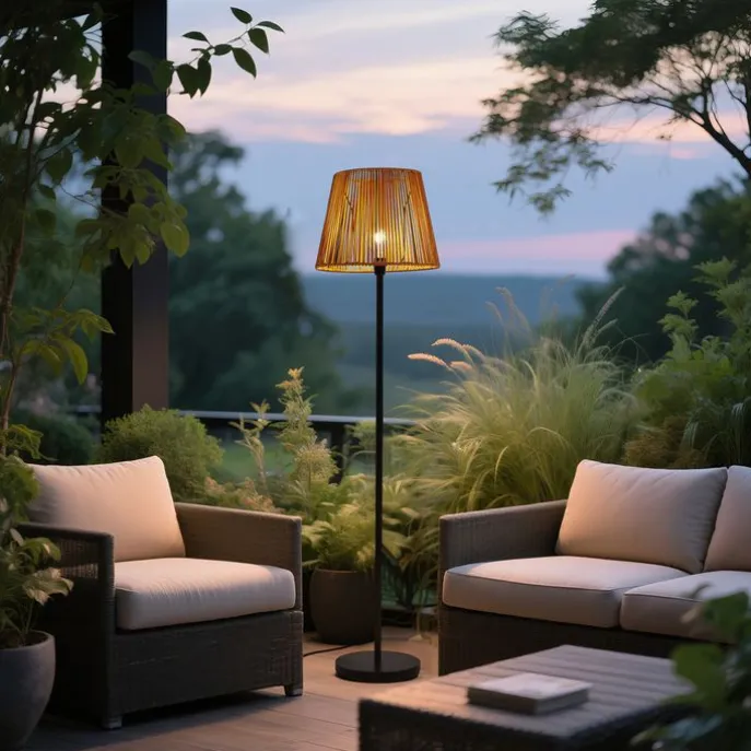 Outdoor-Stehleuchte schwarz mit orangefarbenem Seilschirm IP44 - Virginia Jayla