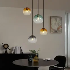 Pendelleuchte Bronze mit Rauchbernstein und grünem Glas rund 4-flammig - Bao