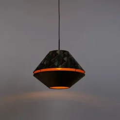 Pendelleuchte Schwarz mit Doppeltem Samtlampenschirm Blattdesign und Beige - Combi 1