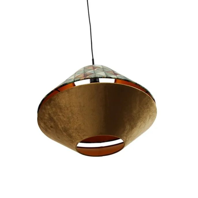 Pendelleuchte Schwarz mit Doppeltem Samtlampenschirm Blattdesign und Beige - Combi 1