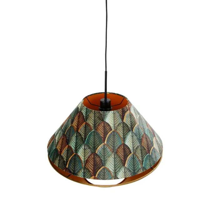 Pendelleuchte Schwarz mit Doppeltem Samtlampenschirm Blattdesign und Beige - Combi 1