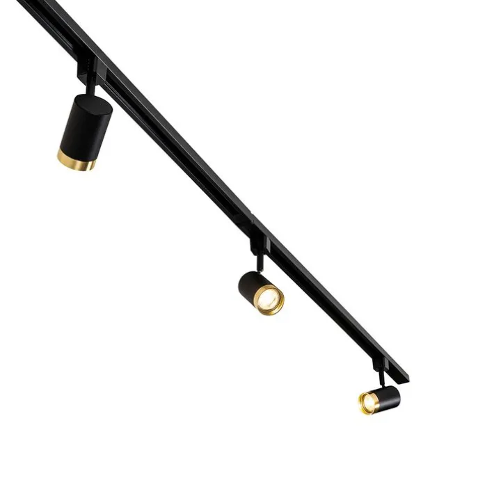 1-Phasen-Schienensystem mit 5 Spots schwarz mit Goldring - Jeana