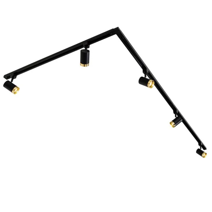 1-Phasen-Schienensystem mit 5 Spots schwarz mit Goldring - Jeana