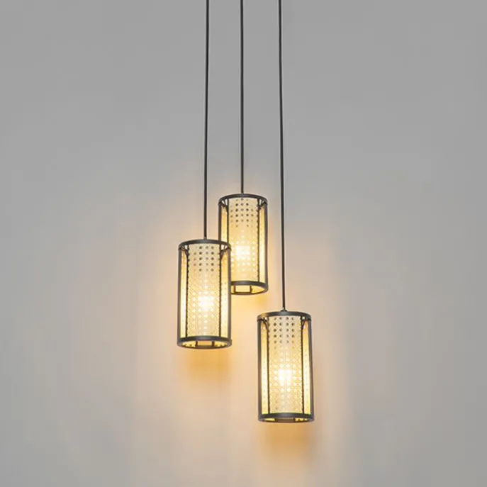 Retro-Hängelampe schwarz mit Rattan 3-flammig rund - Akira