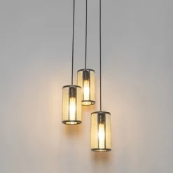 Retro-Hängelampe schwarz mit Rattan 3-flammig rund - Akira