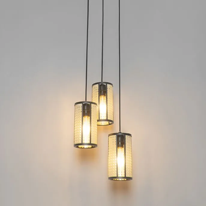 Retro-Hängelampe schwarz mit Rattan 3-flammig rund - Akira