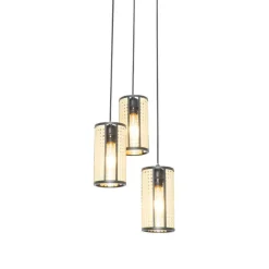 Retro-Hängelampe schwarz mit Rattan 3-flammig rund - Akira