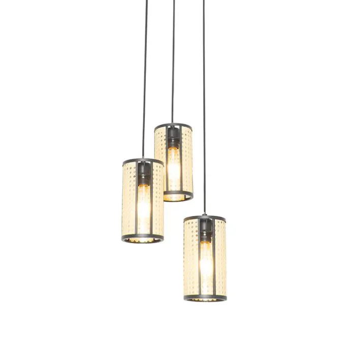 Retro-Hängelampe schwarz mit Rattan 3-flammig rund - Akira