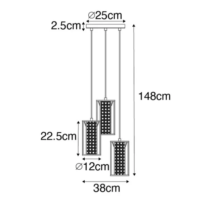 Retro-Hängelampe schwarz mit Rattan 3-flammig rund - Akira