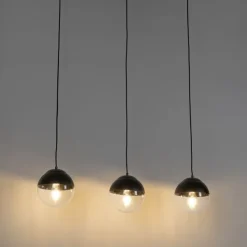 Retro-Hängelampe schwarz mit klarem Glas, länglich, 3-flammig – Eclipse