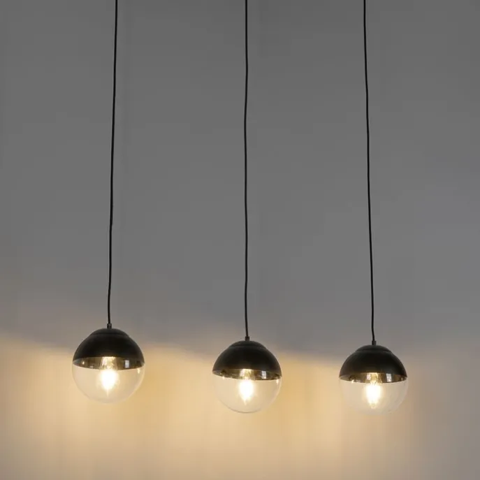 Retro-Hängelampe schwarz mit klarem Glas, länglich, 3-flammig – Eclipse