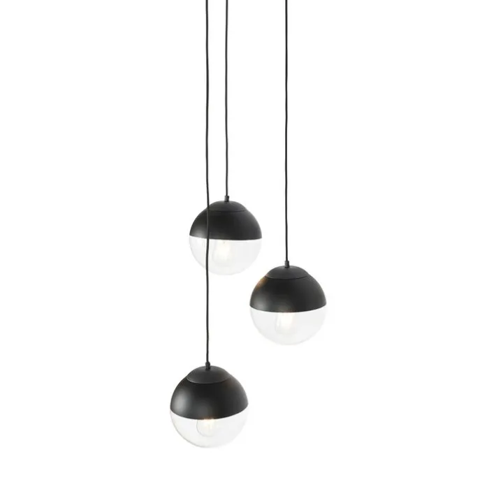 Retro-Hängelampe schwarz mit klarem Glas, rund, 3-flammig – Eclipse