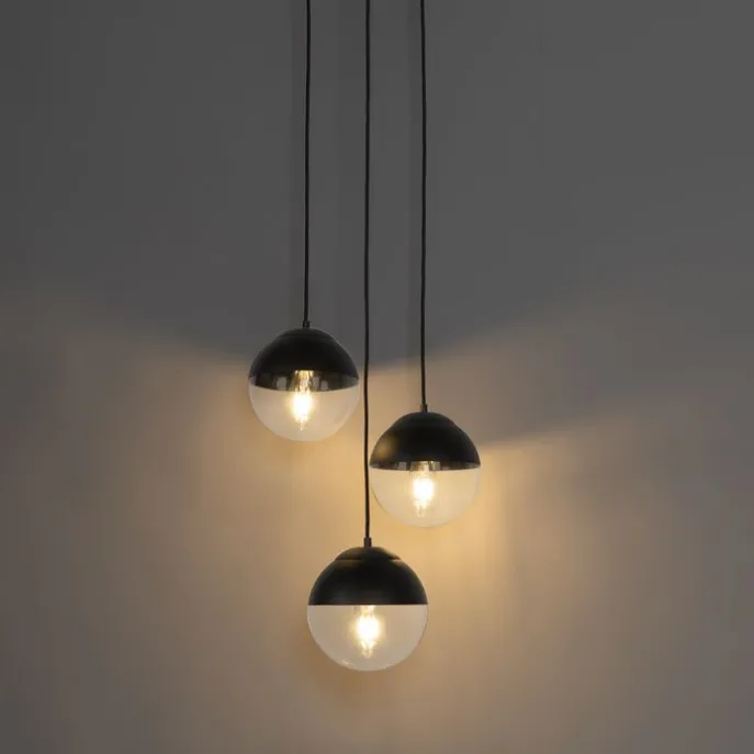 Retro-Hängelampe schwarz mit klarem Glas, rund, 3-flammig – Eclipse