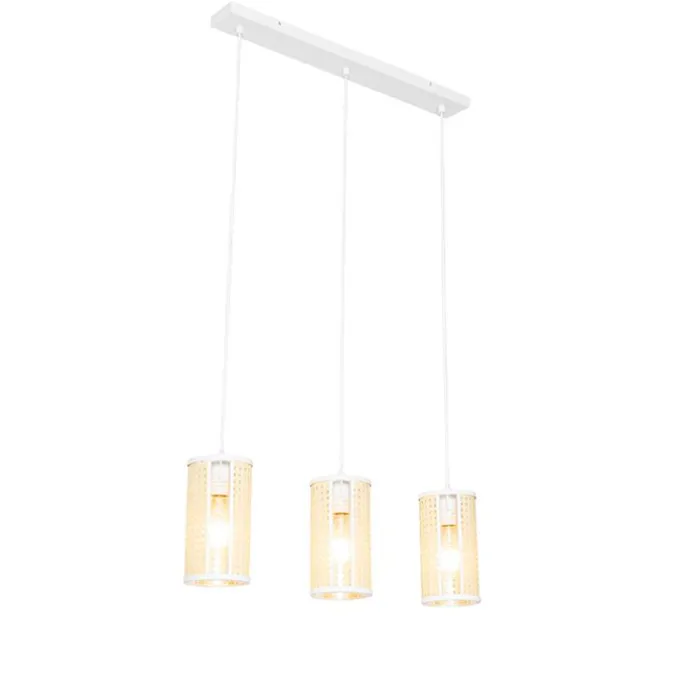 Retro-Hängelampe weiß mit Rattan 3-flammig länglich - Akira