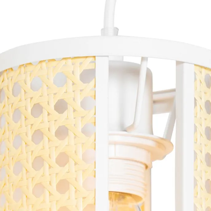 Retro-Hängelampe weiß mit Rattan 3-flammig länglich - Akira