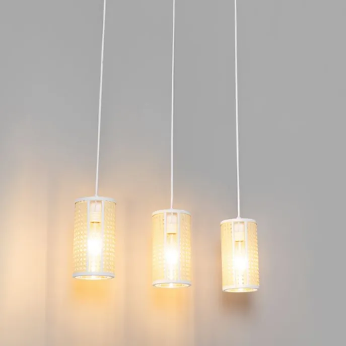Retro-Hängelampe weiß mit Rattan 3-flammig länglich - Akira