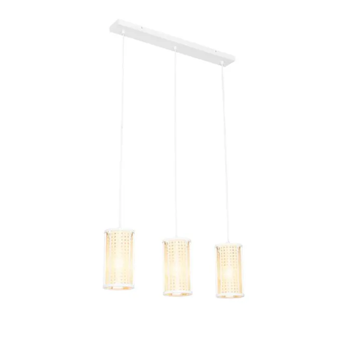 Retro-Hängelampe weiß mit Rattan 3-flammig länglich - Akira