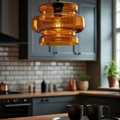 Retro-Hängeleuchte schwarz mit orangefarbenem Glas - Denise