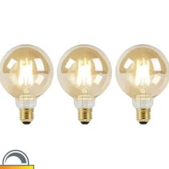 Set mit 3 E27-LED-Lampen, dimmbar bis warm, G95, Gold, 8 W, 806 lm, 2000–2700 K
