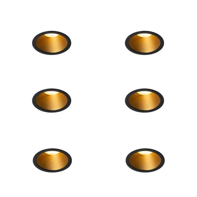 Set van 6 moderne inbouwspots zwart met goud GU10 35mm IP44 - Dept