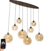 Smart Pendant Lamp Dark Bronze with Amber Glass Oval 8-Lights Incl. 8 Wifi G95 - Sandra