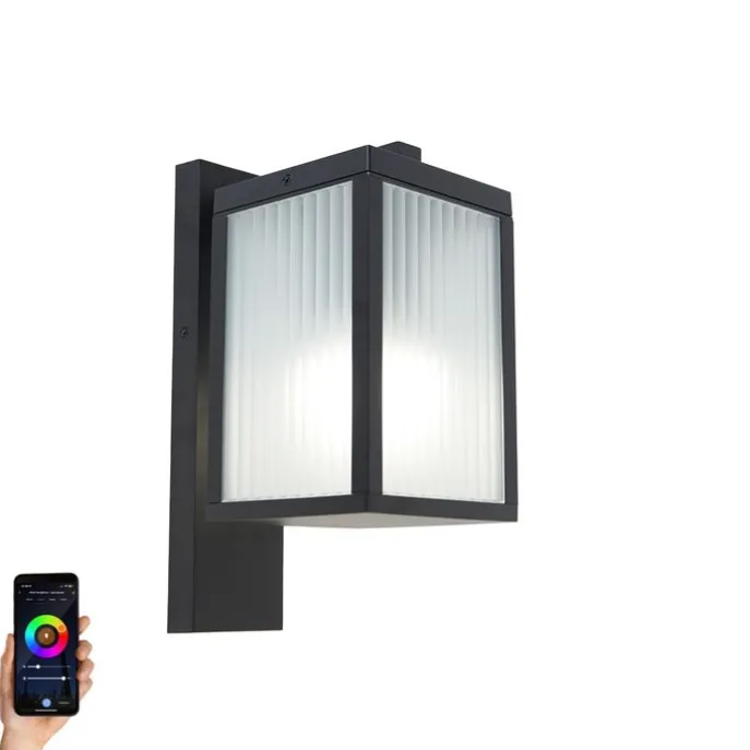 Smarte Außenwandlaterne schwarz mit geripptem Glas inkl. WLAN A60 - Charlois