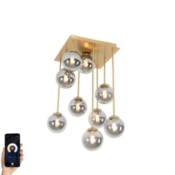 Smarte Deckenleuchte Gold mit Rauchglas 9-flammig inkl. 9 Wifi G9 - Athen