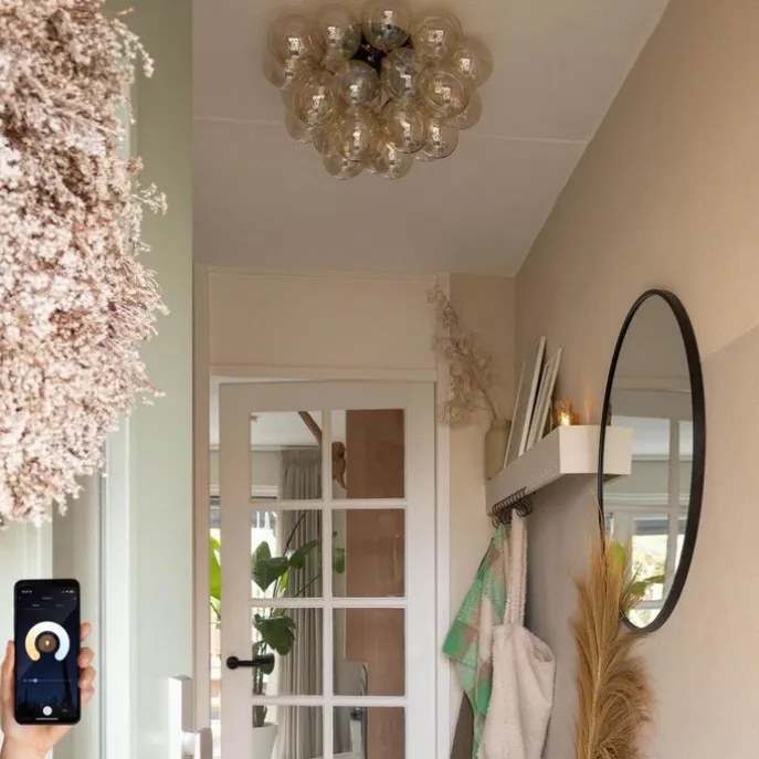 Smarte Deckenleuchte schwarz mit bernsteinfarbenem Glas 6-flammig inkl. 6 WiFi G9 - Uvas